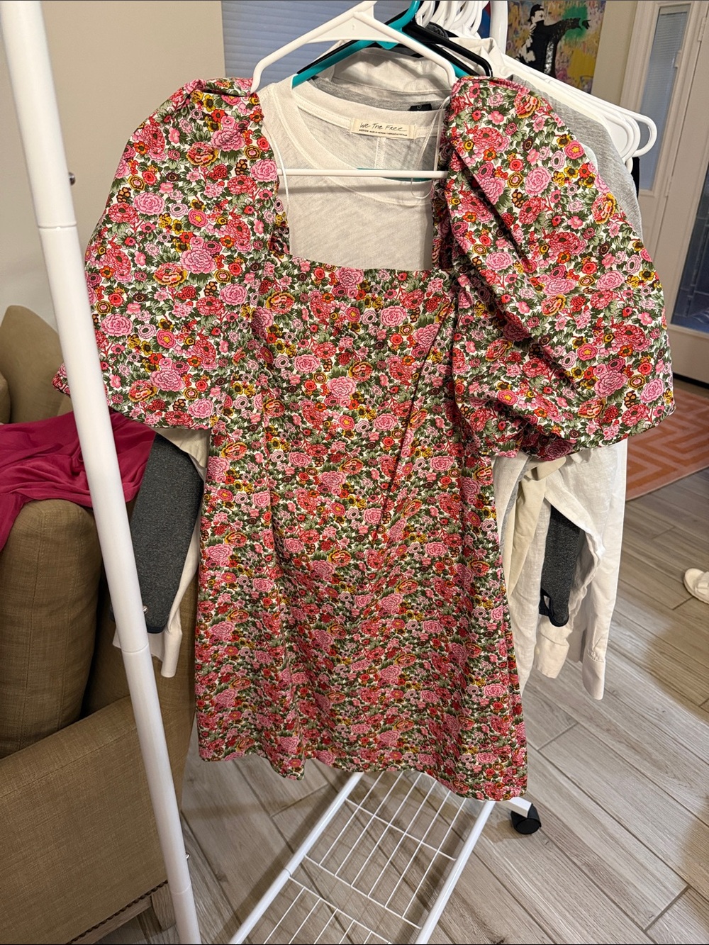 MANGO Floral Puff-Sleeve Mini Dress in Pink